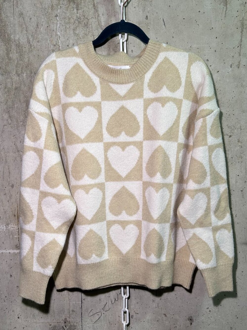Checkered Heart Sweater in Cream